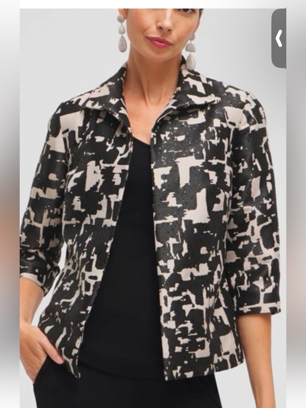 Travelers by Chico’s Black & Cream Patterned Open-Front Blazer. NWOT  22” PTP